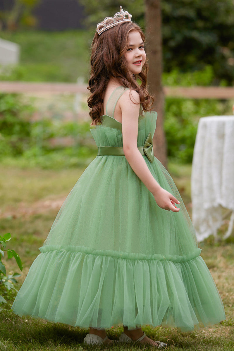 Load image into Gallery viewer, White Straplee Tulle A Line Flower Girl Dress with Bow
