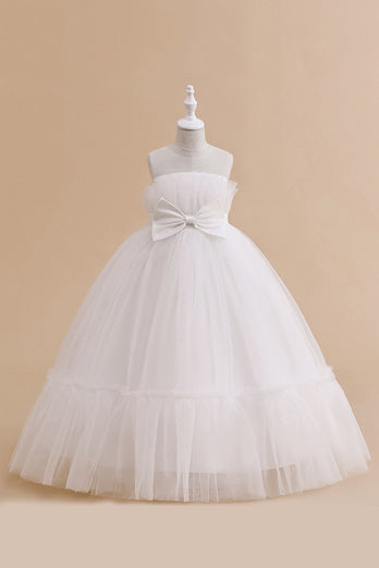 White Straplee Tulle A Line Flower Girl Dress with Bow