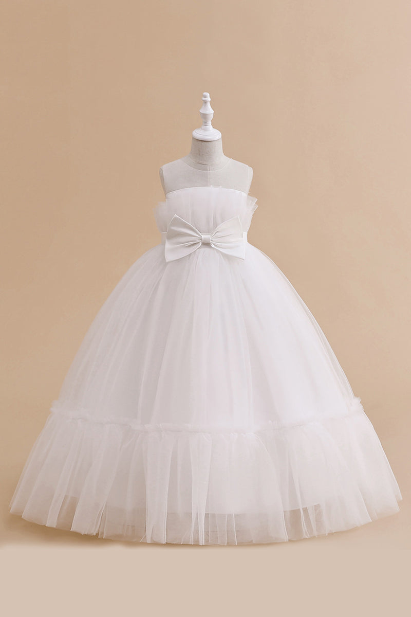 Load image into Gallery viewer, White Straplee Tulle A Line Flower Girl Dress with Bow
