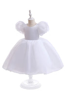 Load image into Gallery viewer, White Tulle A Line Flower Girl Dress with Puff Sleeves