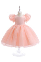 Load image into Gallery viewer, White Tulle A Line Flower Girl Dress with Puff Sleeves