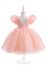 Load image into Gallery viewer, White Tulle A Line Flower Girl Dress with Puff Sleeves