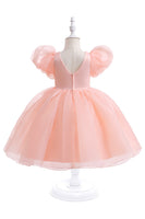 Load image into Gallery viewer, White Tulle A Line Flower Girl Dress with Puff Sleeves