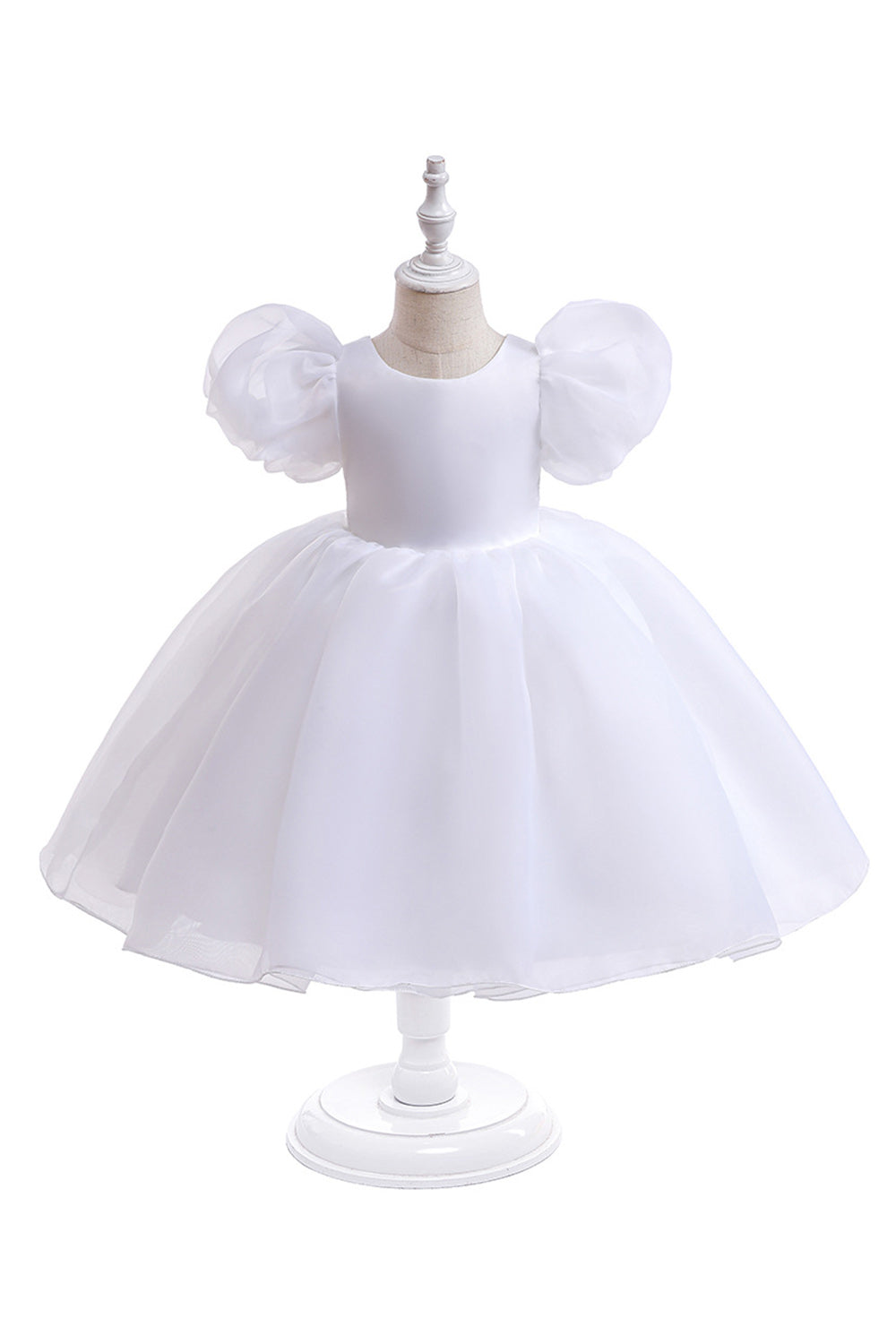 White Tulle A Line Flower Girl Dress with Puff Sleeves