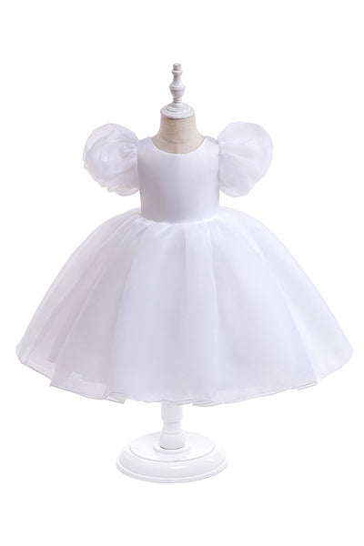 White Tulle A Line Flower Girl Dress with Puff Sleeves