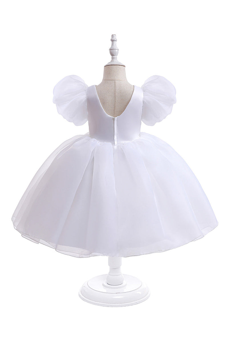 Load image into Gallery viewer, White Tulle A Line Flower Girl Dress with Puff Sleeves