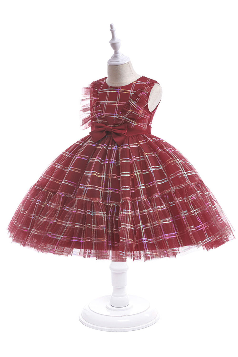 A Line Plaid Girl's Party Dress with Bow