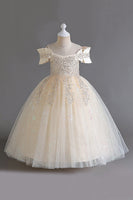 Load image into Gallery viewer, Pink Off the Shoulder A Line Flower Girl Dress with Bow