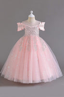 Load image into Gallery viewer, Pink Off the Shoulder A Line Flower Girl Dress with Bow