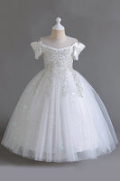 Load image into Gallery viewer, Pink Off the Shoulder A Line Flower Girl Dress with Bow