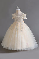 Load image into Gallery viewer, Pink Off the Shoulder A Line Flower Girl Dress with Bow