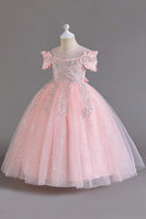Load image into Gallery viewer, Pink Off the Shoulder A Line Flower Girl Dress with Bow