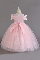 Load image into Gallery viewer, Pink Off the Shoulder A Line Flower Girl Dress with Bow