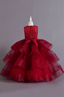 Load image into Gallery viewer, A Line Tulle Burgundy Sleeveless Girls Dresses With Bow