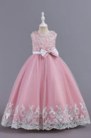Load image into Gallery viewer, Pink Sleeveless Round Neck Applique Girls Dresses With Bowknot