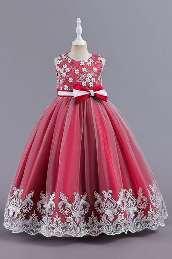 Pink Sleeveless Round Neck Applique Girls Dresses With Bowknot