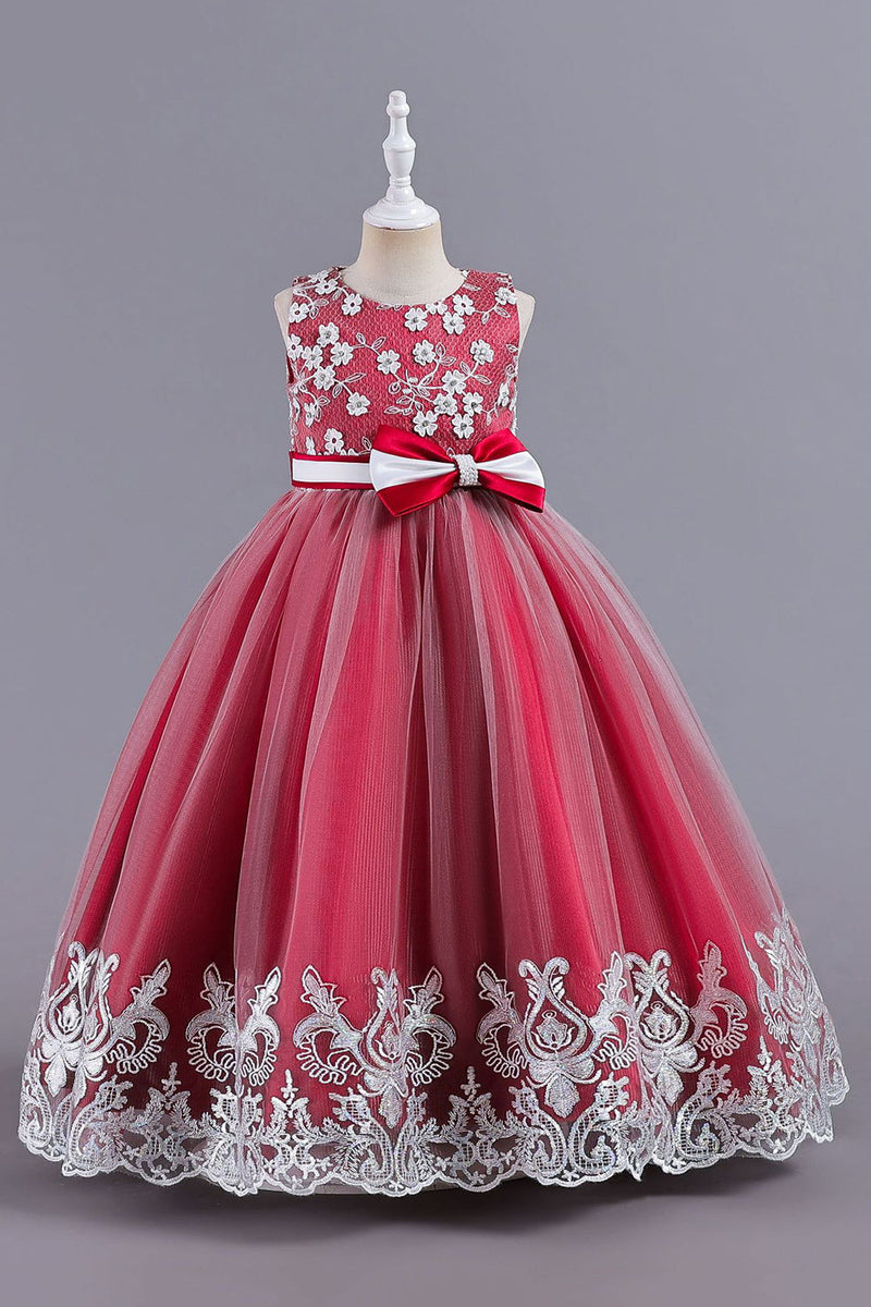 Load image into Gallery viewer, Pink Sleeveless Round Neck Applique Girls Dresses With Bowknot
