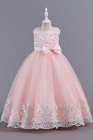 Load image into Gallery viewer, Pink Sleeveless Round Neck Applique Girls Dresses With Bowknot