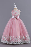 Load image into Gallery viewer, Pink Sleeveless Round Neck Applique Girls Dresses With Bowknot