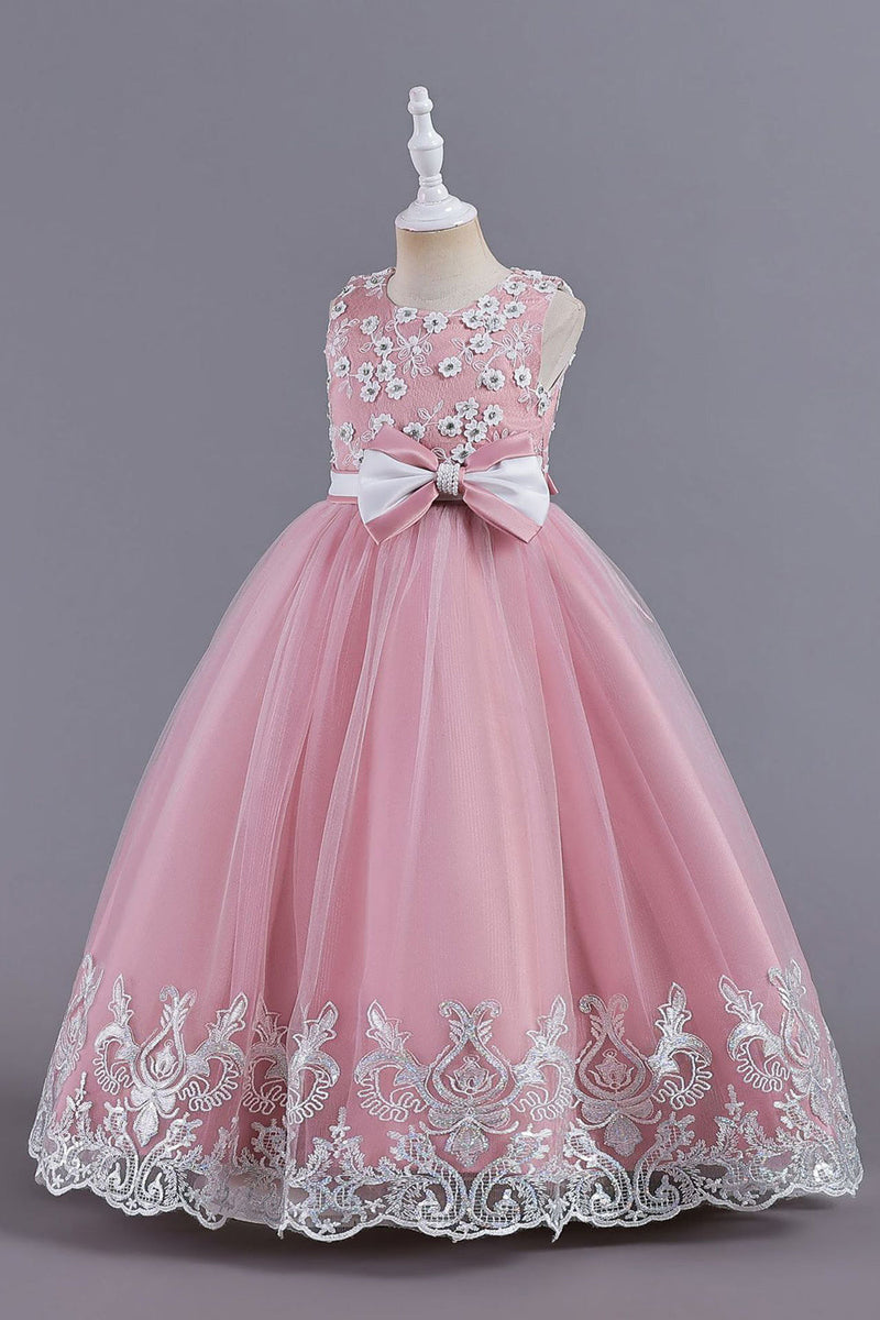 Load image into Gallery viewer, Pink Sleeveless Round Neck Applique Girls Dresses With Bowknot