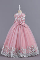 Load image into Gallery viewer, Pink Sleeveless Round Neck Applique Girls Dresses With Bowknot