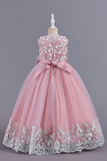 Pink Sleeveless Round Neck Applique Girls Dresses With Bowknot