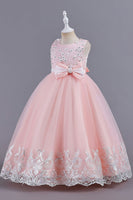 Load image into Gallery viewer, Pink Sleeveless Round Neck Applique Girls Dresses With Bowknot