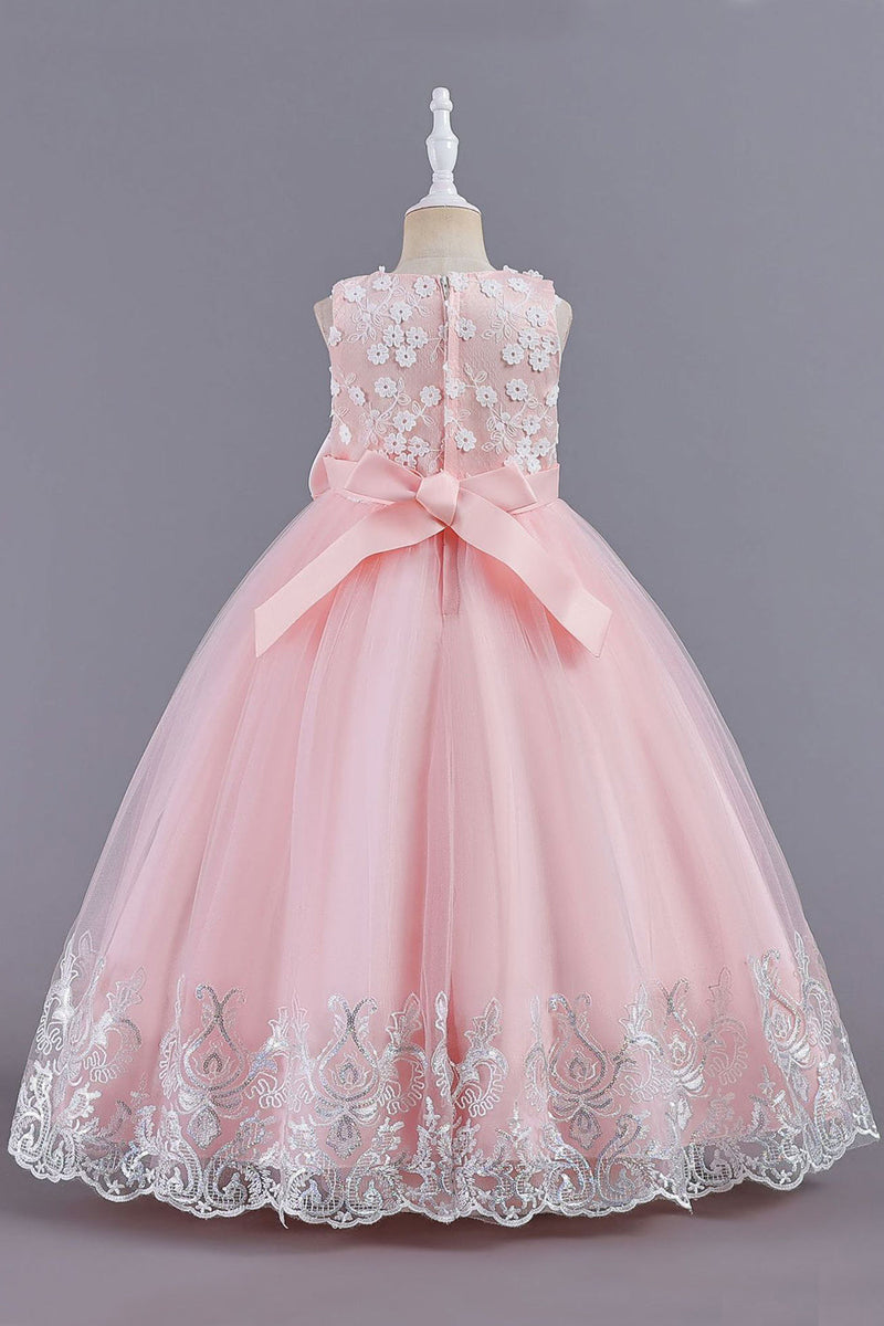 Load image into Gallery viewer, Pink Sleeveless Round Neck Applique Girls Dresses With Bowknot