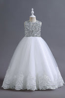 Load image into Gallery viewer, White Sequins Lace A Line Girls Dresses With Bow