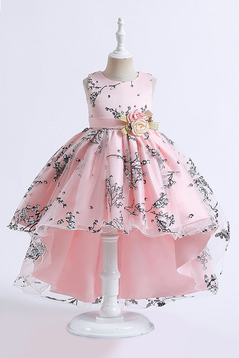 Load image into Gallery viewer, Pink High Low Appliques Sleeveless Girls Dresses With Bow