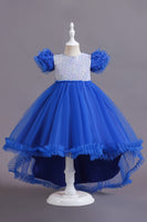 Load image into Gallery viewer, A Line Tulle Pink Sequins Puff Sleeves Girls Dresses With Bow