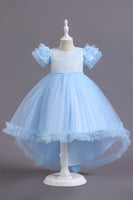Load image into Gallery viewer, A Line Tulle Pink Sequins Puff Sleeves Girls Dresses With Bow