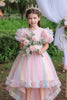 Load image into Gallery viewer, A Line Tulle Pink Sequins Puff Sleeves Girls Dresses With Bow