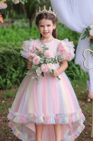 Load image into Gallery viewer, A Line Tulle Pink Sequins Puff Sleeves Girls Dresses With Bow
