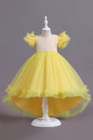 Load image into Gallery viewer, A Line Tulle Pink Sequins Puff Sleeves Girls Dresses With Bow
