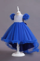 Load image into Gallery viewer, A Line Tulle Pink Sequins Puff Sleeves Girls Dresses With Bow