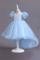 Load image into Gallery viewer, A Line Tulle Pink Sequins Puff Sleeves Girls Dresses With Bow