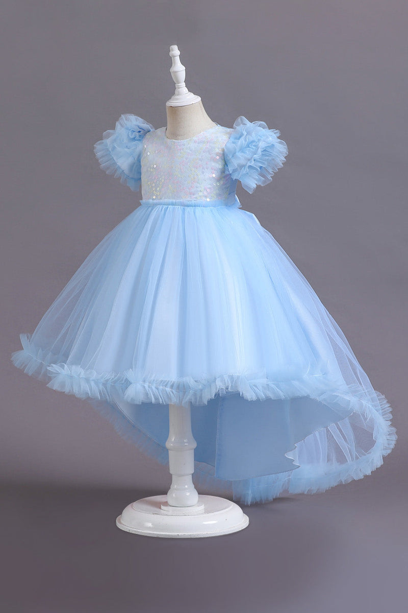 Load image into Gallery viewer, A Line Tulle Pink Sequins Puff Sleeves Girls Dresses With Bow