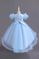 Load image into Gallery viewer, A Line Tulle Pink Sequins Puff Sleeves Girls Dresses With Bow