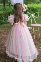 Load image into Gallery viewer, A Line Tulle Pink Sequins Puff Sleeves Girls Dresses With Bow