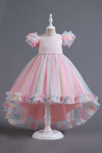 A Line Tulle Pink Sequins Puff Sleeves Girls Dresses With Bow