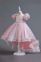 Load image into Gallery viewer, A Line Tulle Pink Sequins Puff Sleeves Girls Dresses With Bow