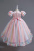 Load image into Gallery viewer, A Line Tulle Pink Sequins Puff Sleeves Girls Dresses With Bow
