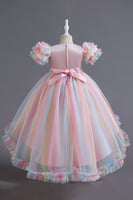 Load image into Gallery viewer, A Line Tulle Pink Sequins Puff Sleeves Girls Dresses With Bow