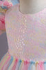 Load image into Gallery viewer, A Line Tulle Pink Sequins Puff Sleeves Girls Dresses With Bow