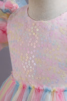 Load image into Gallery viewer, A Line Tulle Pink Sequins Puff Sleeves Girls Dresses With Bow