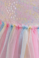 Load image into Gallery viewer, A Line Tulle Pink Sequins Puff Sleeves Girls Dresses With Bow