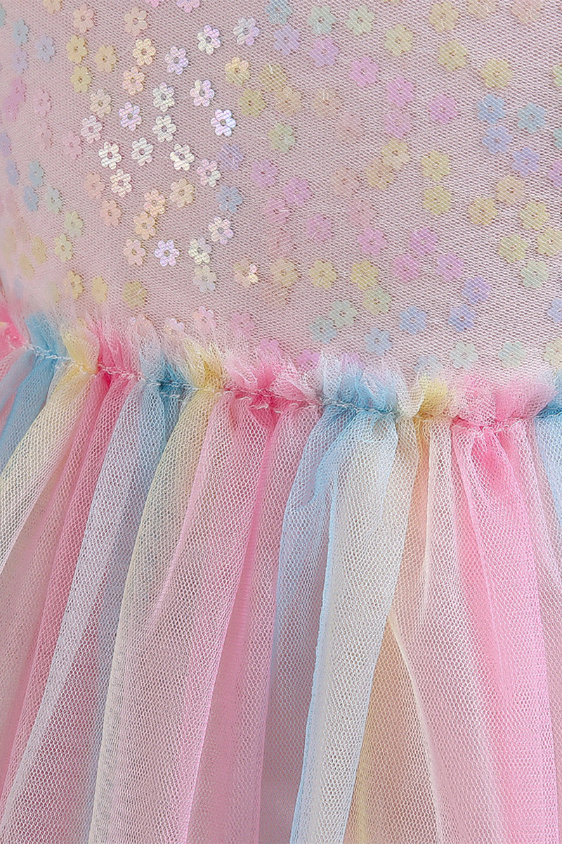 Load image into Gallery viewer, A Line Tulle Pink Sequins Puff Sleeves Girls Dresses With Bow