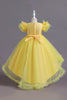 Load image into Gallery viewer, A Line Tulle Pink Sequins Puff Sleeves Girls Dresses With Bow