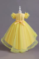 Load image into Gallery viewer, A Line Tulle Pink Sequins Puff Sleeves Girls Dresses With Bow